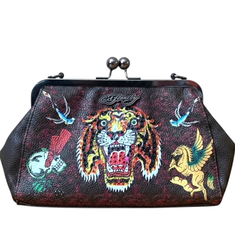 Ed Hardy Burgundy Embroidered Tiger Frame-Top Bag - Picture 3 of 10